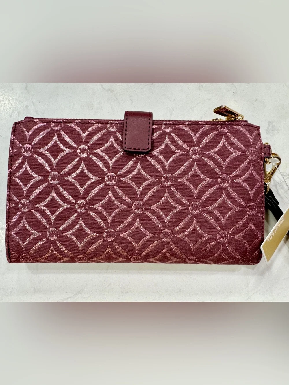 Michael Kors Jet Set Travel Large Double Zip Wristlet Oxblood Metallic Logo - Picture 2 of 5